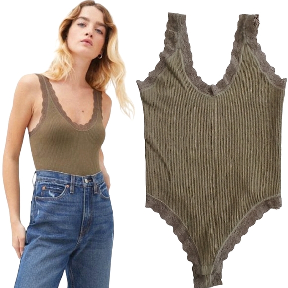 Urban Outfitters Tops - UO Gigi Seamless Bodysuit Olive Size M/L Lace Trim Ribbed Body Suit NWOT OFU